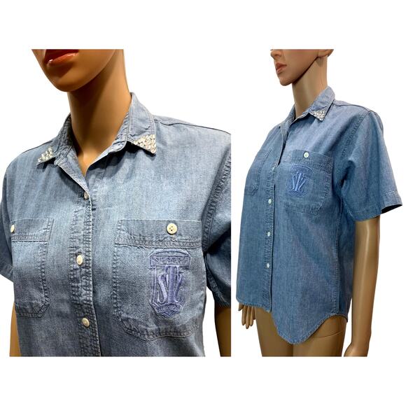 80s Sperry Top Sider Chambray Work Shirt w Rhinestone Collar Tips | XS - Picture 3 of 9